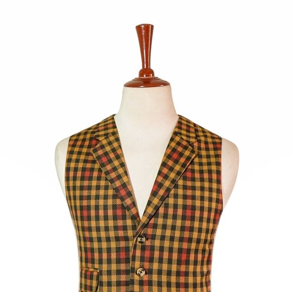 Mens 46R Wool Plaid Check Vest Waistcoat Yellow Red Orange Formal Wedding Party - Picture 3 of 8